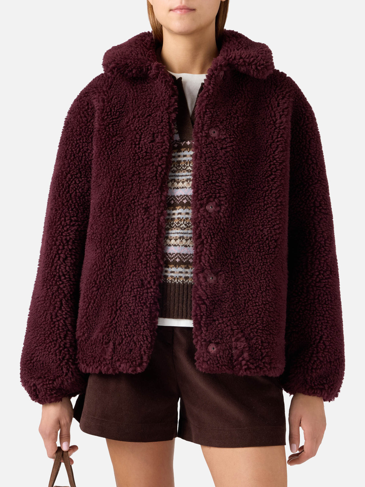 Aubergine Jeanne wool blend teddy jacket with logo patch