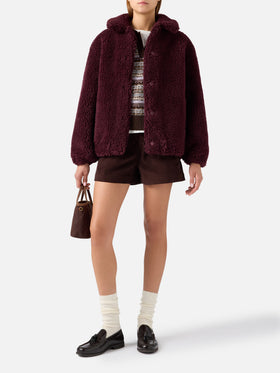 Aubergine Jeanne wool blend teddy jacket with logo patch