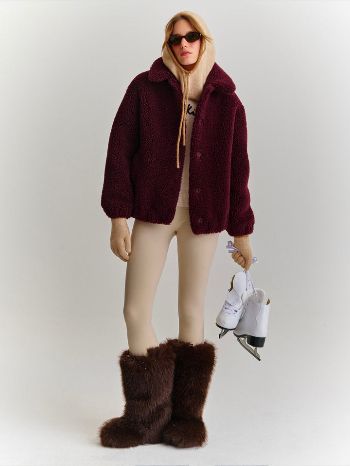 Teddy-Jacke Aubergine Jeanne aus Wollmischung mit Logo-Patch 