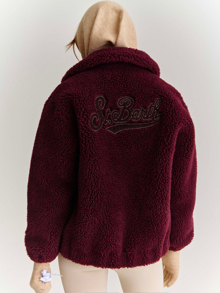 Teddy-Jacke Aubergine Jeanne aus Wollmischung mit Logo-Patch 