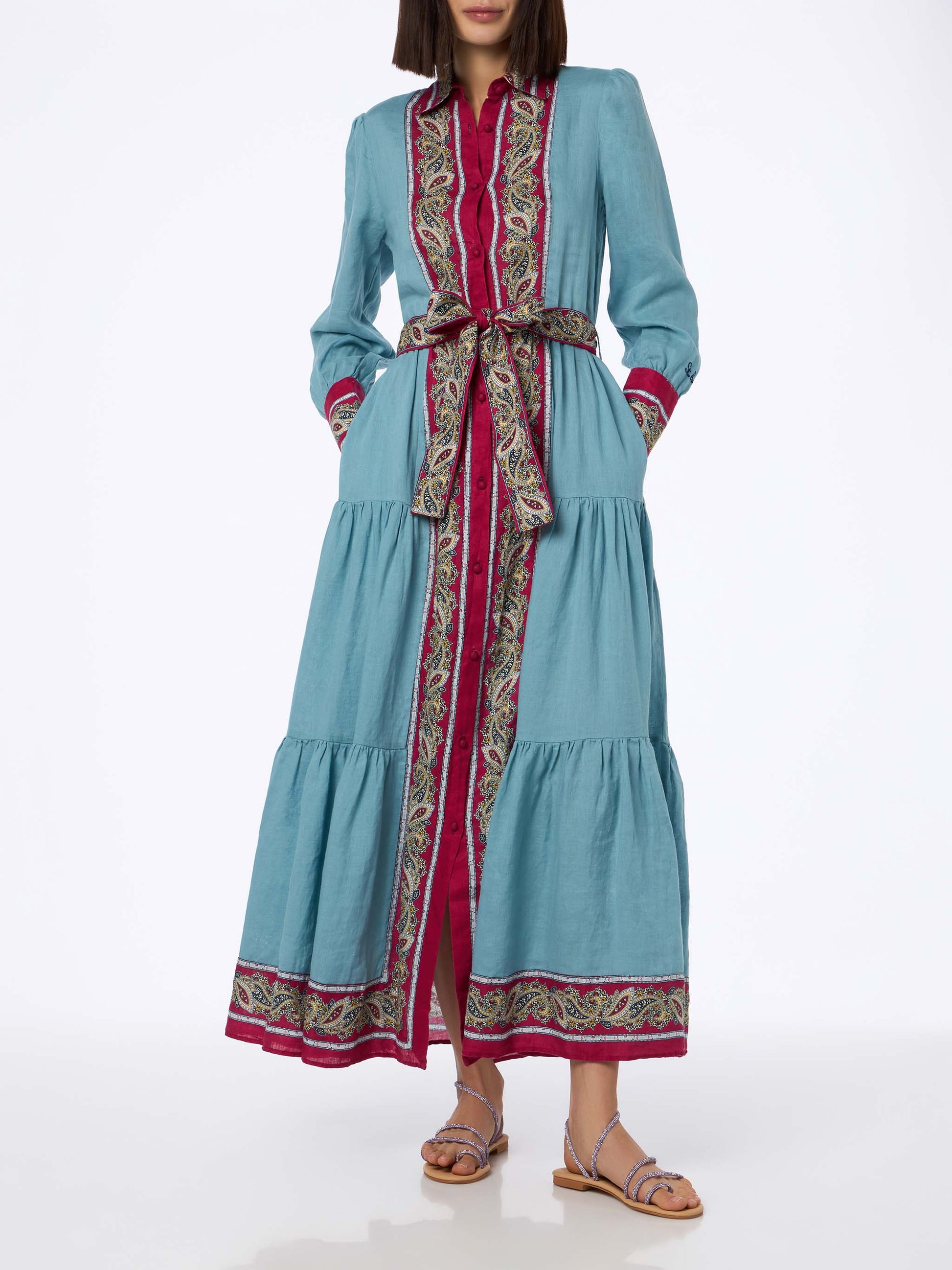 Woman light blue linen dress Jensen with paisley placed print - MC2 Saint Barth