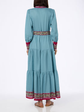 Woman light blue linen dress Jensen with paisley placed print - MC2 Saint Barth