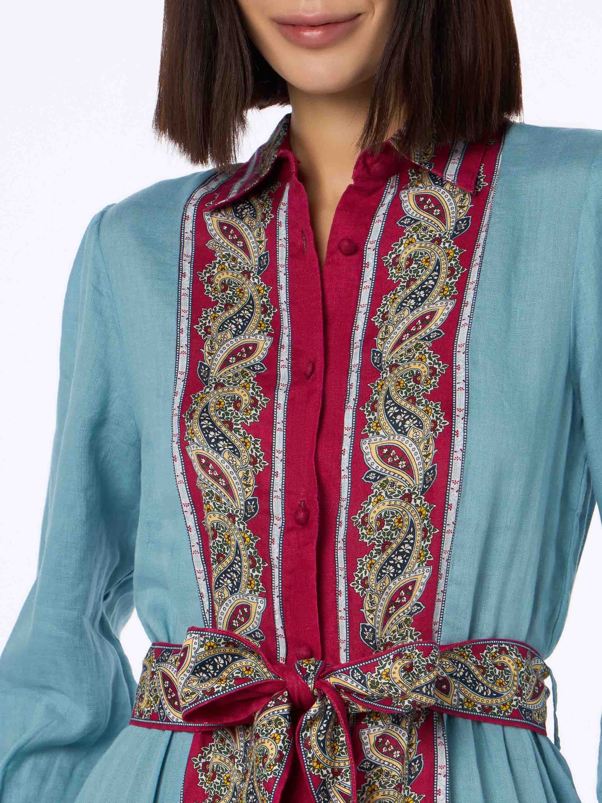 Woman light blue linen dress Jensen with paisley placed print - MC2 Saint Barth