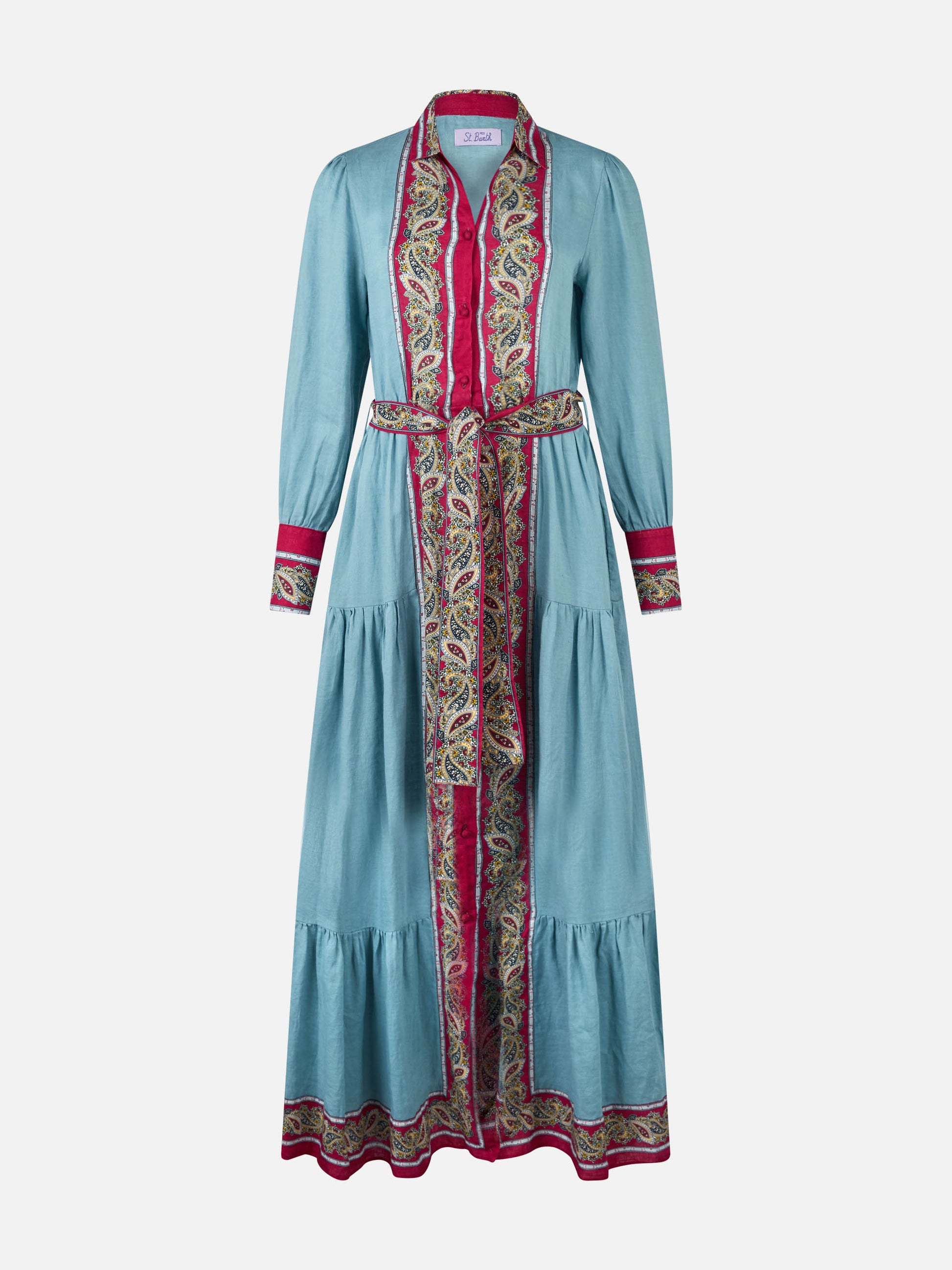 Woman light blue linen dress Jensen with paisley placed print - MC2 Saint Barth