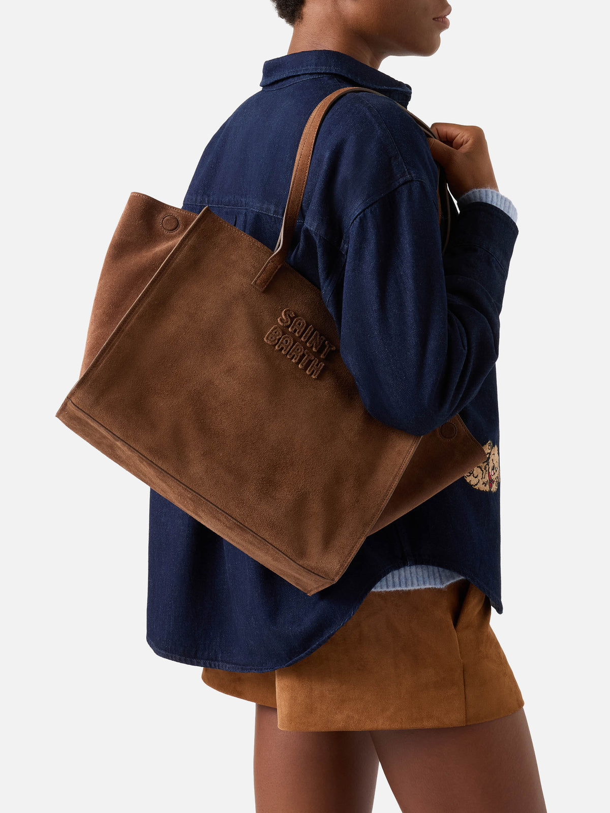 Borsa Large Jour marrone in camoscio con ricamo logo