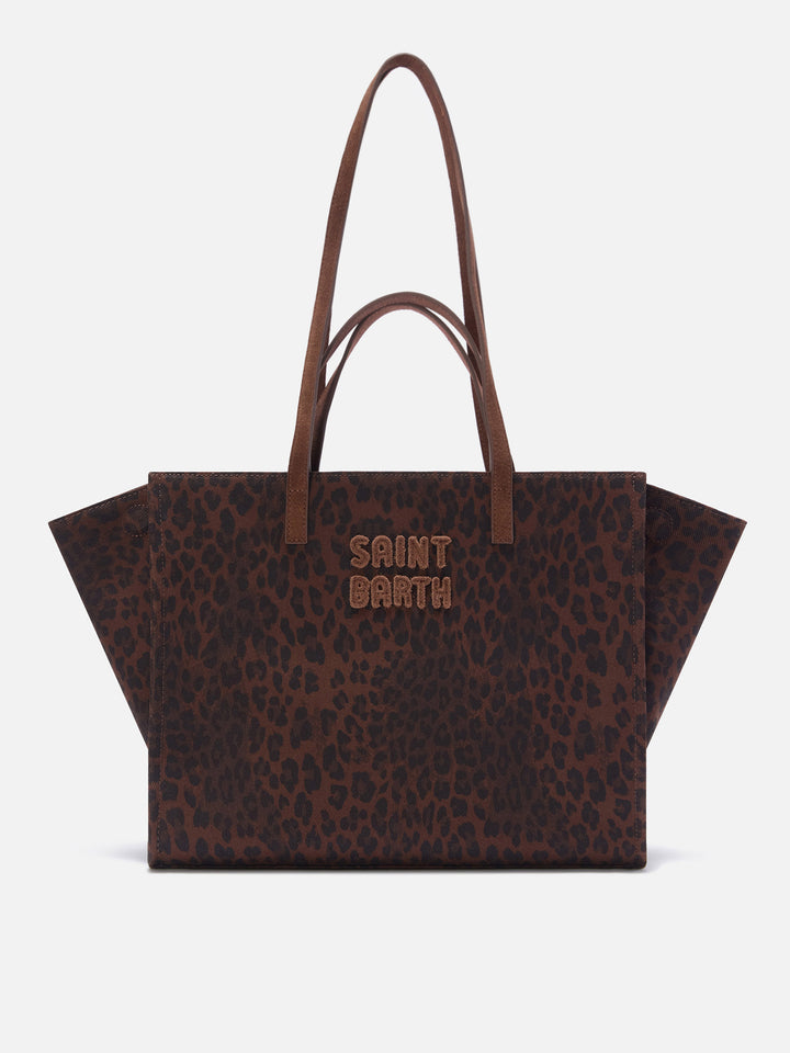Borsa Large Jour in denim con stampa leopardo e manici in camoscio