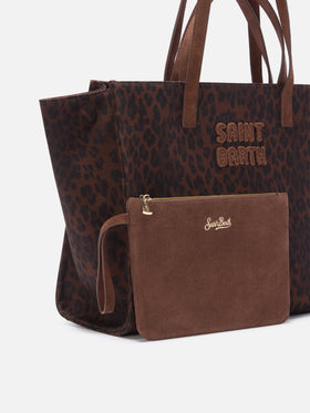 Borsa Large Jour in denim con stampa leopardo e manici in camoscio