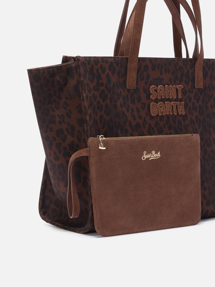 Borsa Large Jour in denim con stampa leopardo e manici in camoscio