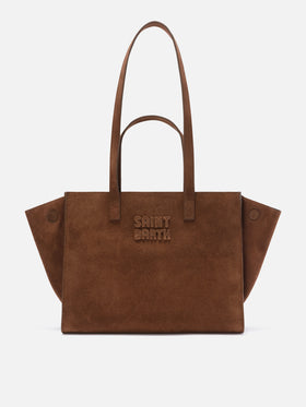 Braune mittelgroße Jour-Tasche aus Veloursleder mit Logostickerei 