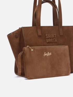Braune mittelgroße Jour-Tasche aus Veloursleder mit Logostickerei 