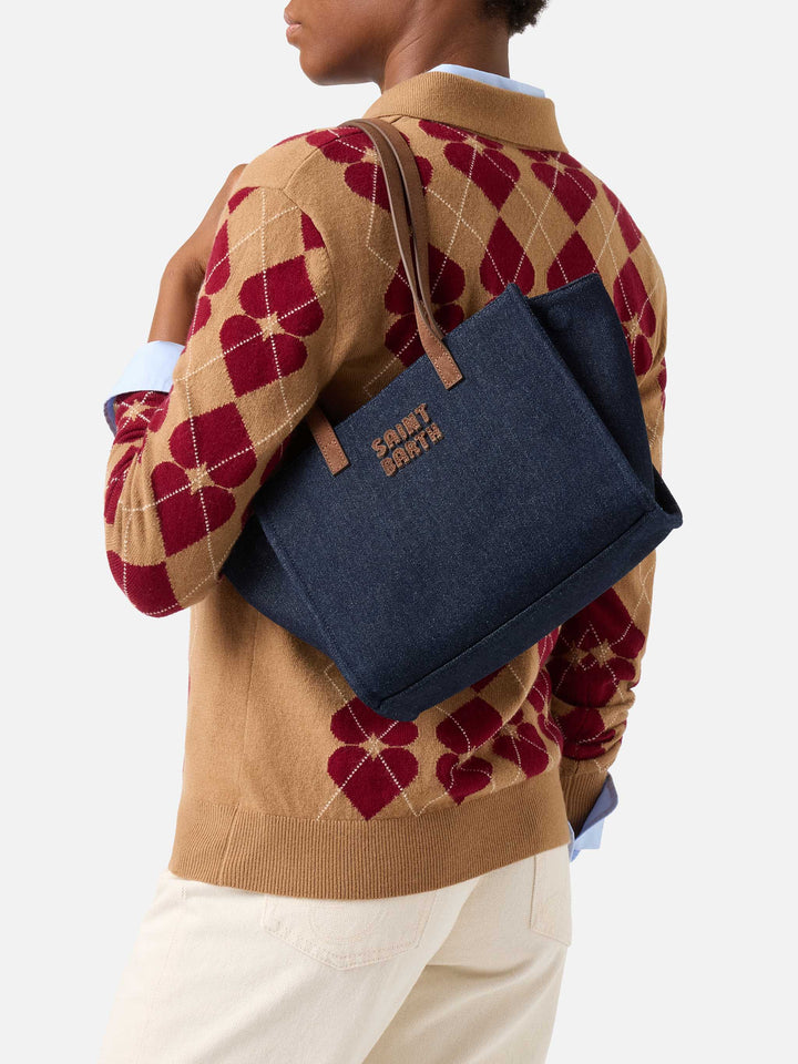 Borsa Medium Jour blu in denim con manici in camoscio