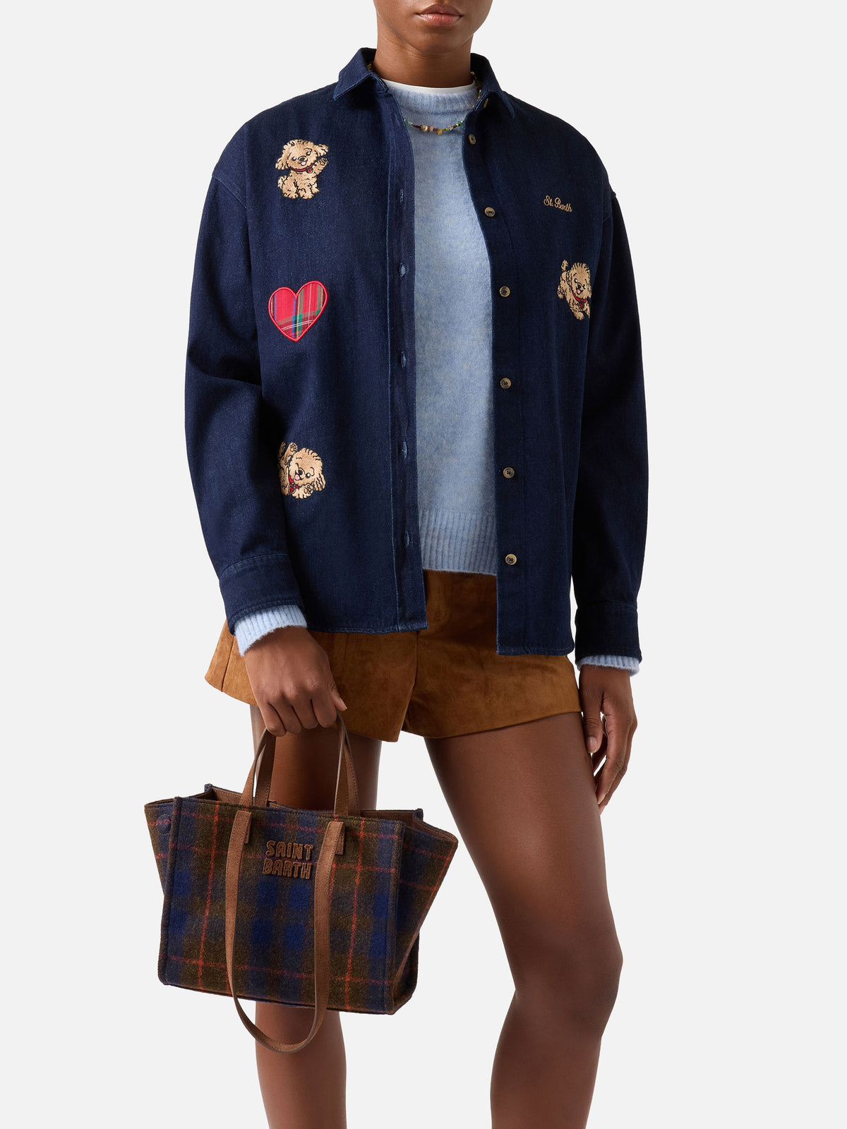 Medium Jour bag in tartan pattern with suede handles
