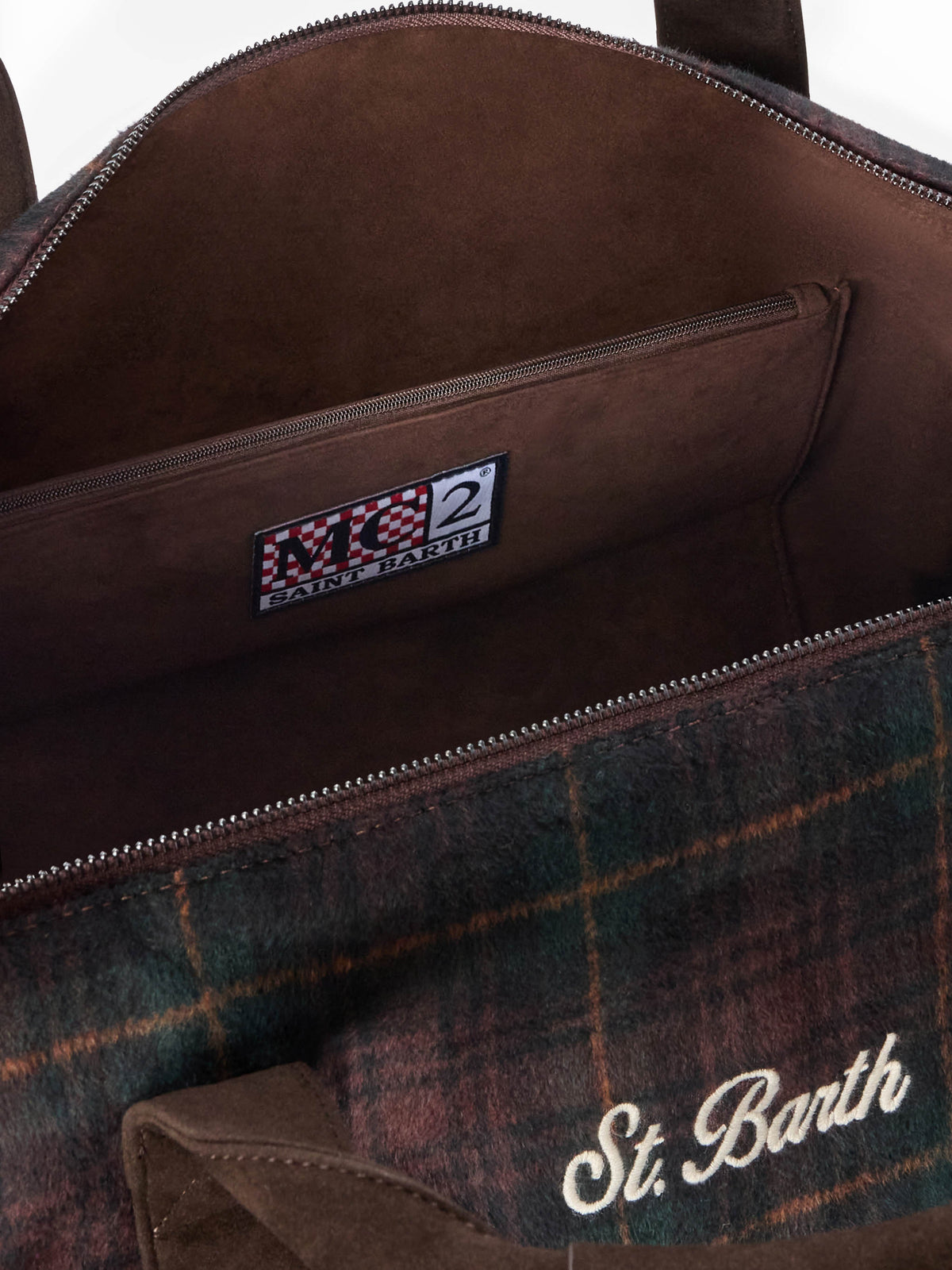 Jetleg wool blend duffle bag with tartan pattern and faux leather trims
