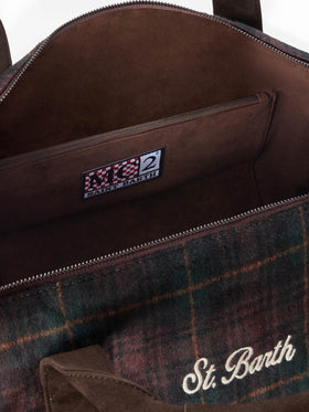 Jetleg wool blend duffle bag with tartan pattern and faux leather trims
