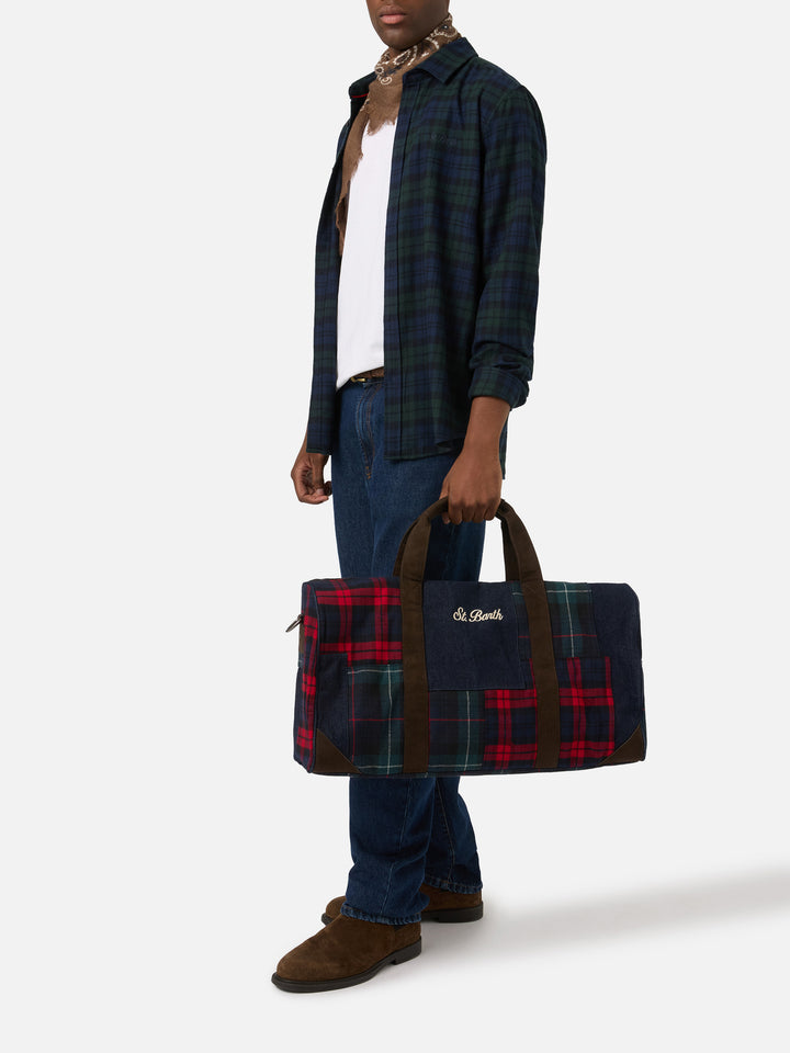 Borsone Jetleg con patchwork denim e tartan e bordi effetto pelle