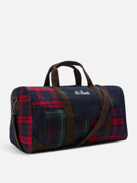 Borsone Jetleg con patchwork denim e tartan e bordi effetto pelle