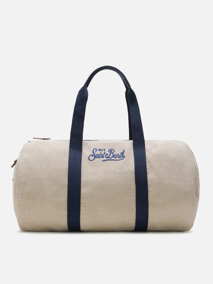 Round Jetleg beige linen weekender with contrasting embroidered logo
