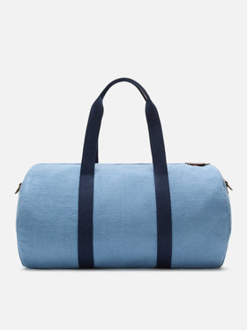 Round Jetleg blue linen weekender with contrasting embroidered logo