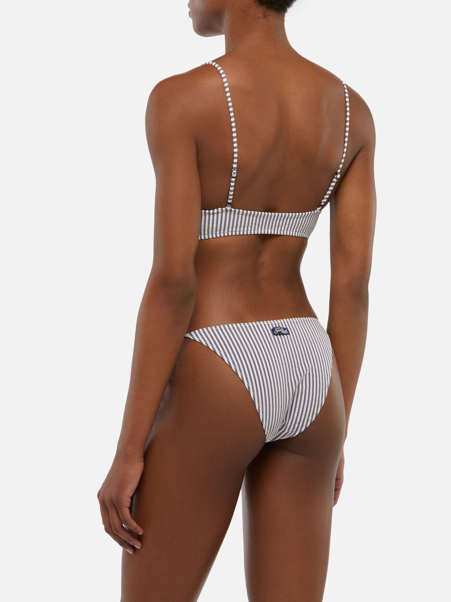 Virgo classic swim briefs with striped print                                   - Judy seersucker bralette top with striped print