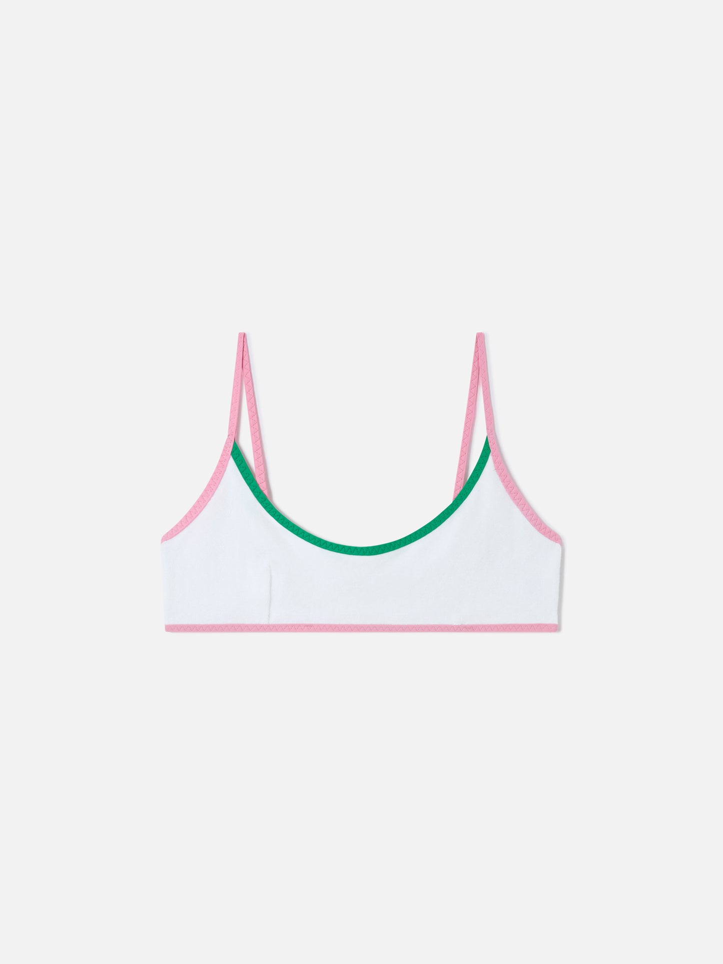 Top de bikini bralette de rizo White Judy String con ribetes 