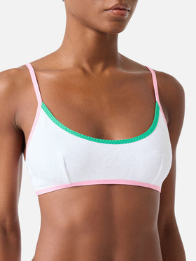 Top de bikini bralette de rizo White Judy String con ribetes 