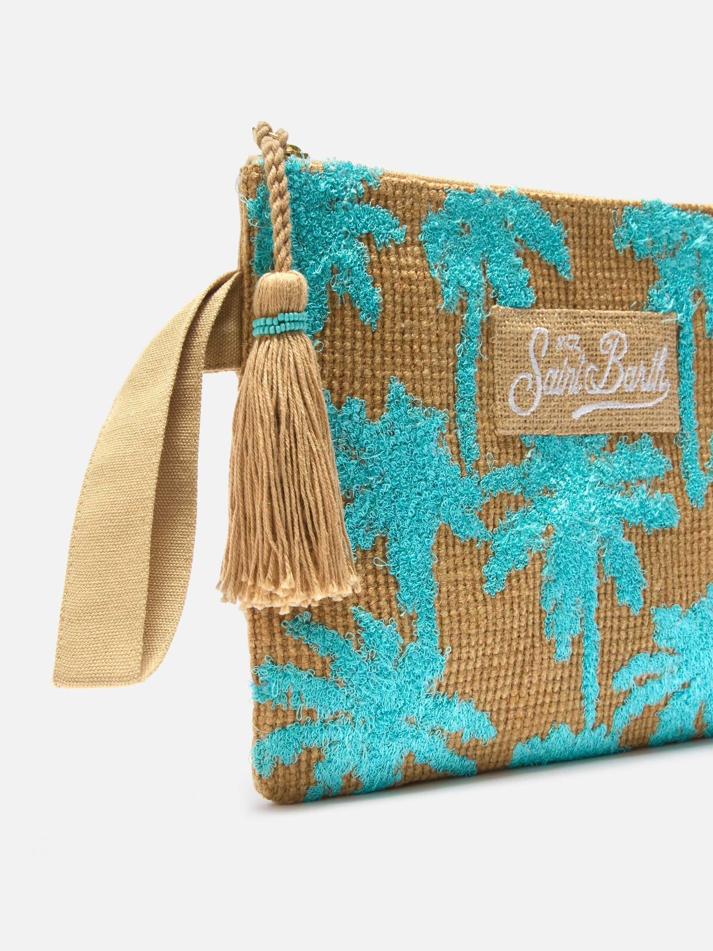 Jute pouch with embroidered palm pattern
