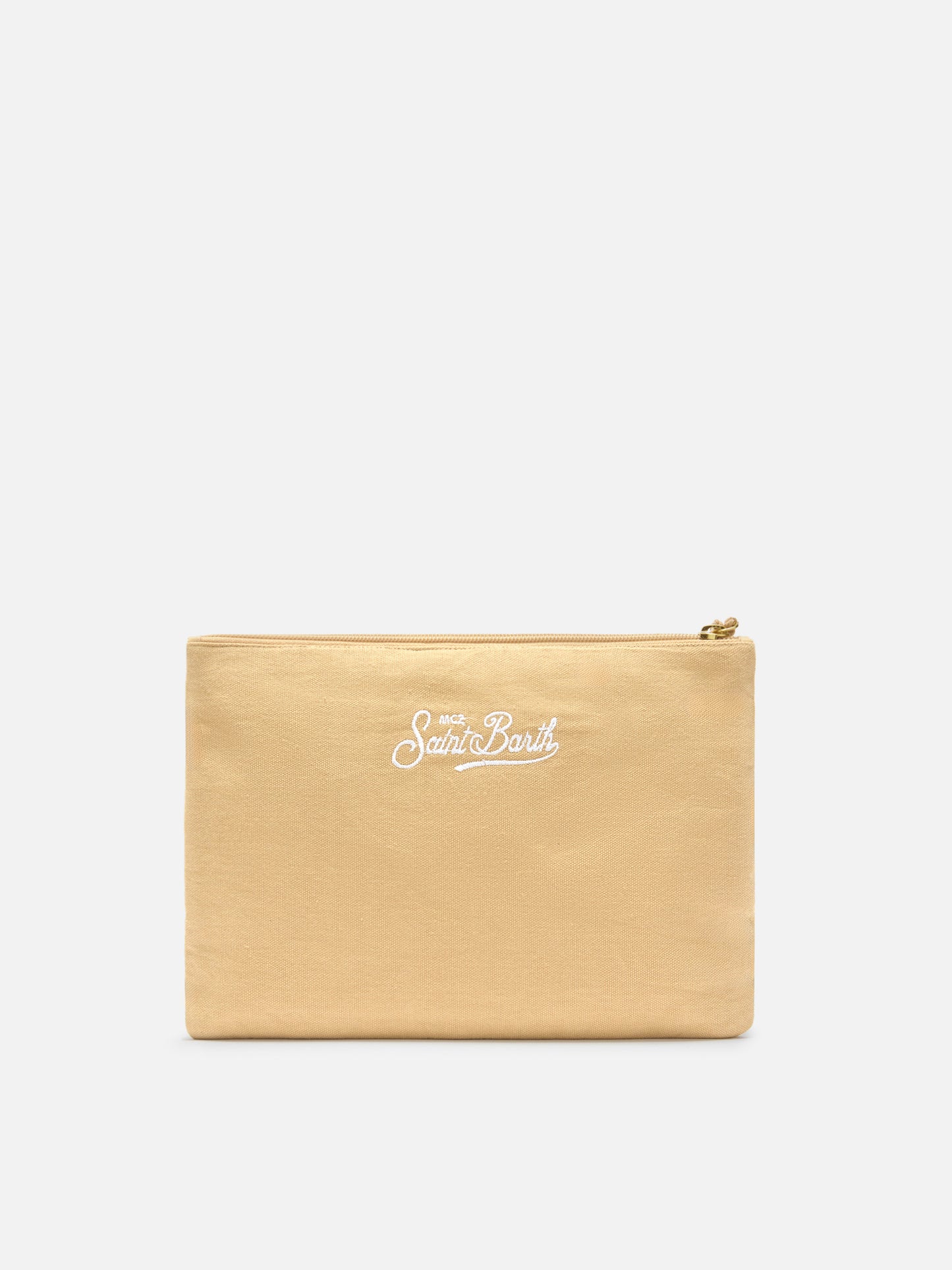 Jute pouch with embroidered palm pattern