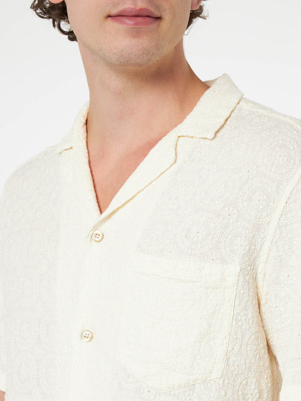 Man linen shirt Kalea with flower embroidery