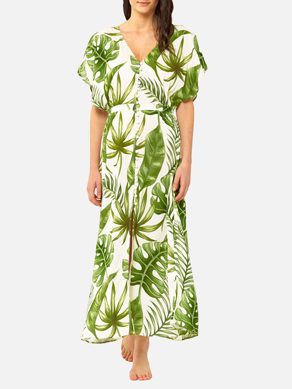 Tropical Leaves Print Long Dress