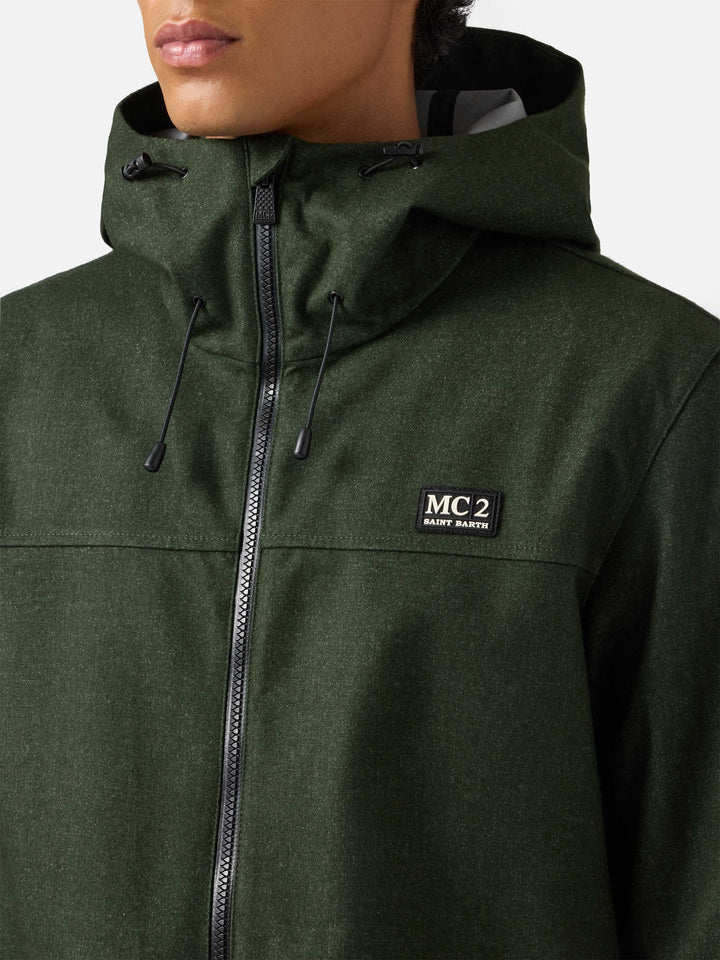 Man hooded green windbreaker jacket