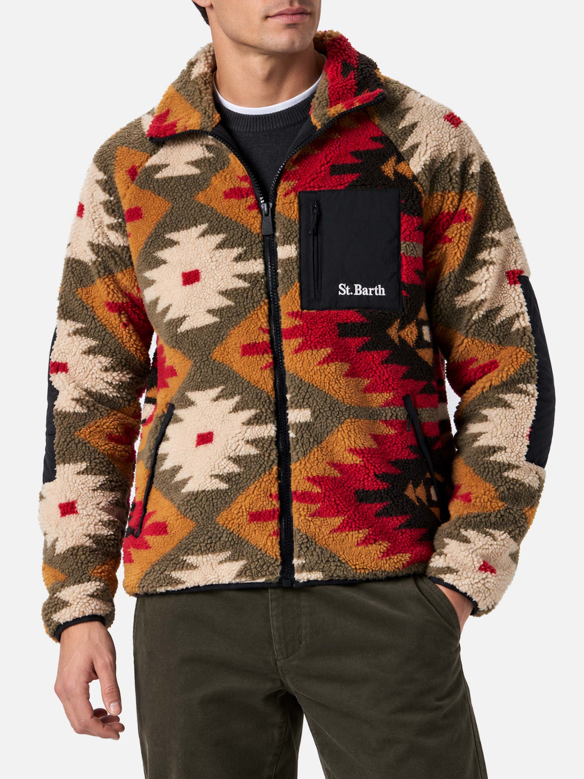 Multicolor Keystone sherpa fleece jacket with navajo pattern