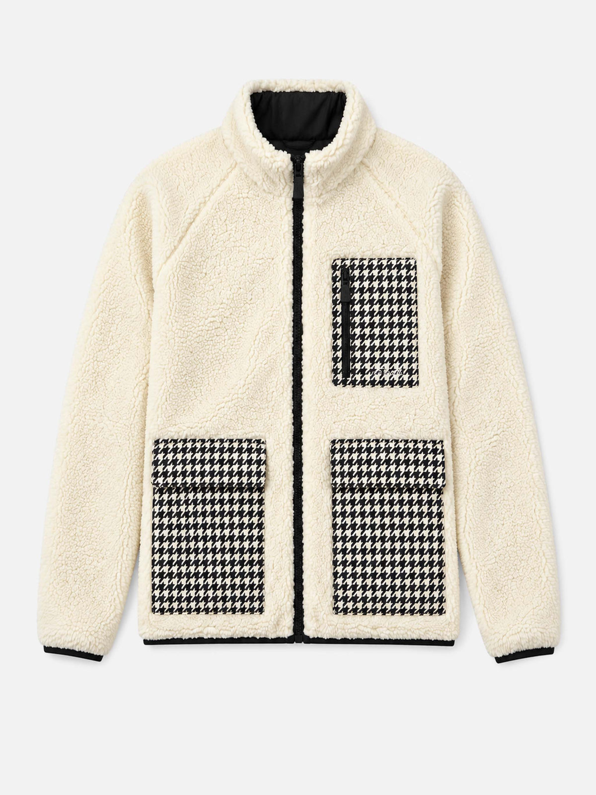 Weiße Keystone Sherpa-Jacke mit aufgesetzten Taschen im Pied-de-Poule-Muster 