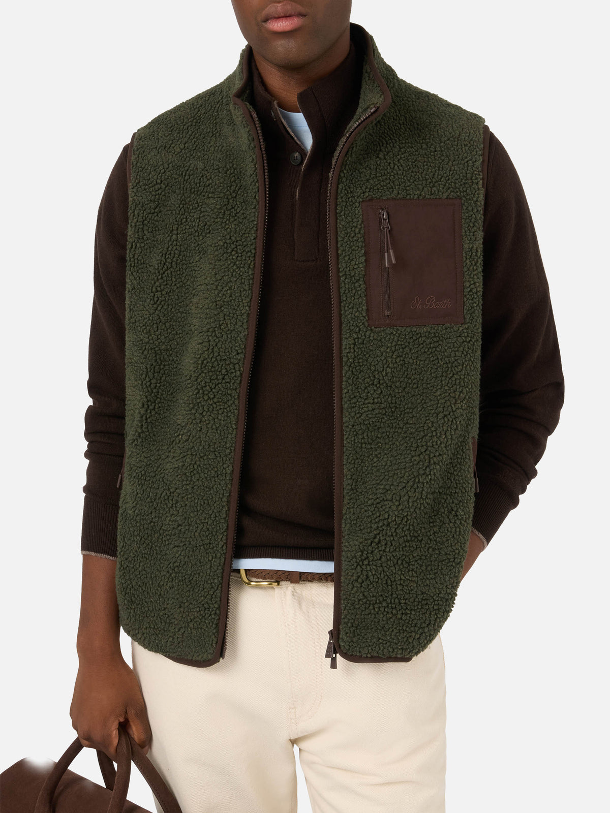 Military green Keystone teddy vest with zip closure