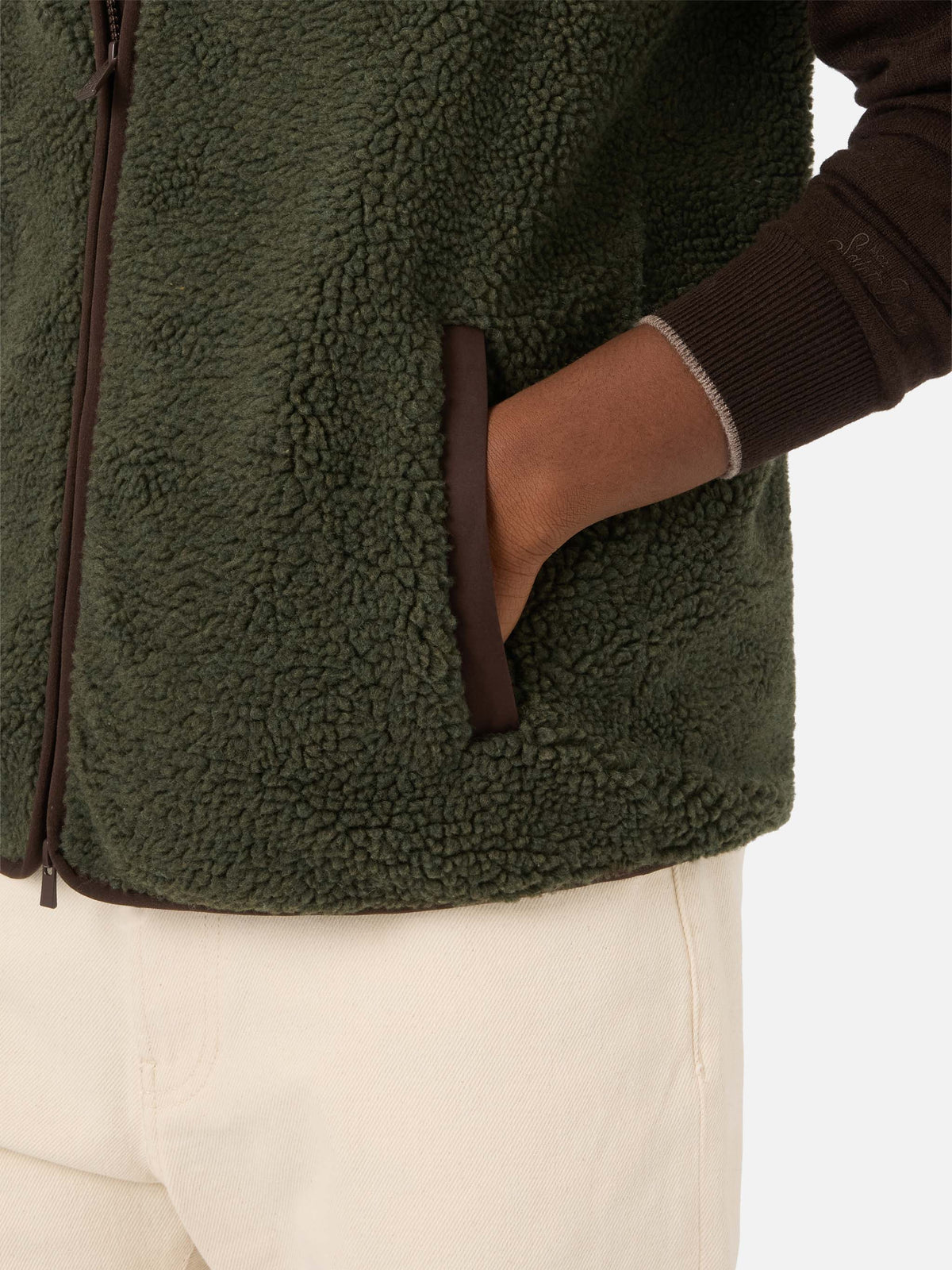 Military green Keystone teddy vest with zip closure