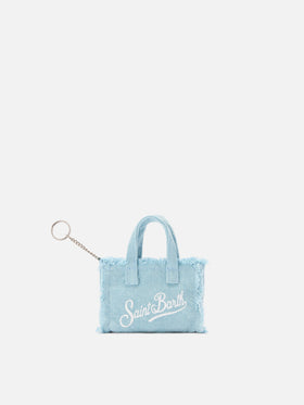 Light blue linen mini bag–shaped keychain with printed logo