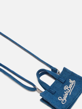 Denim mini bag–shaped keychain with printed logo