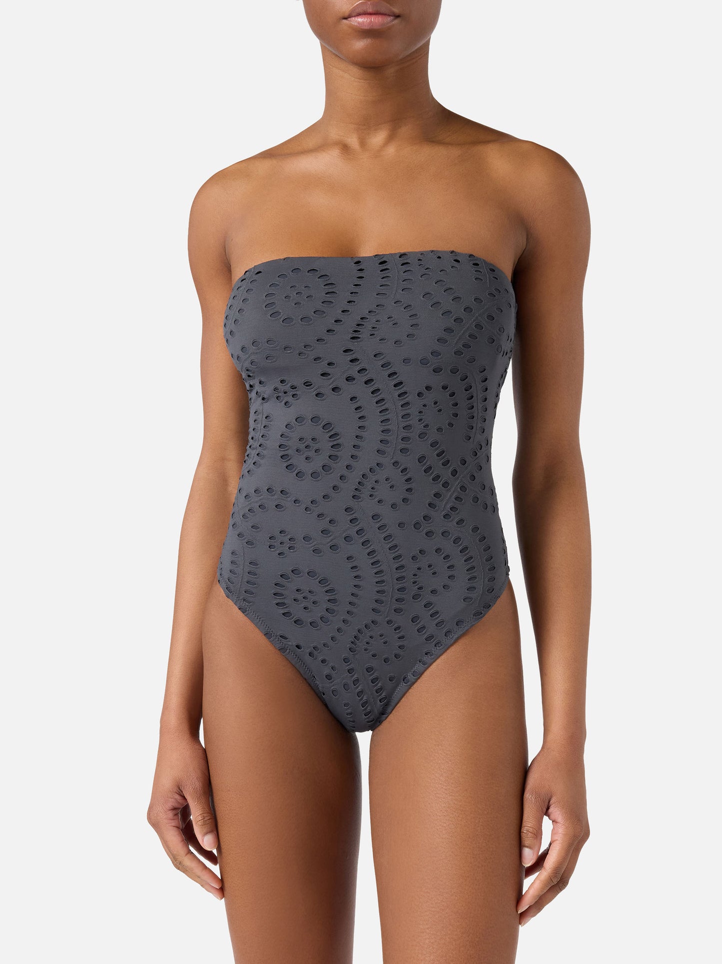 Khyra bandeau one-piece swimsuit in dark grey sangallo textile