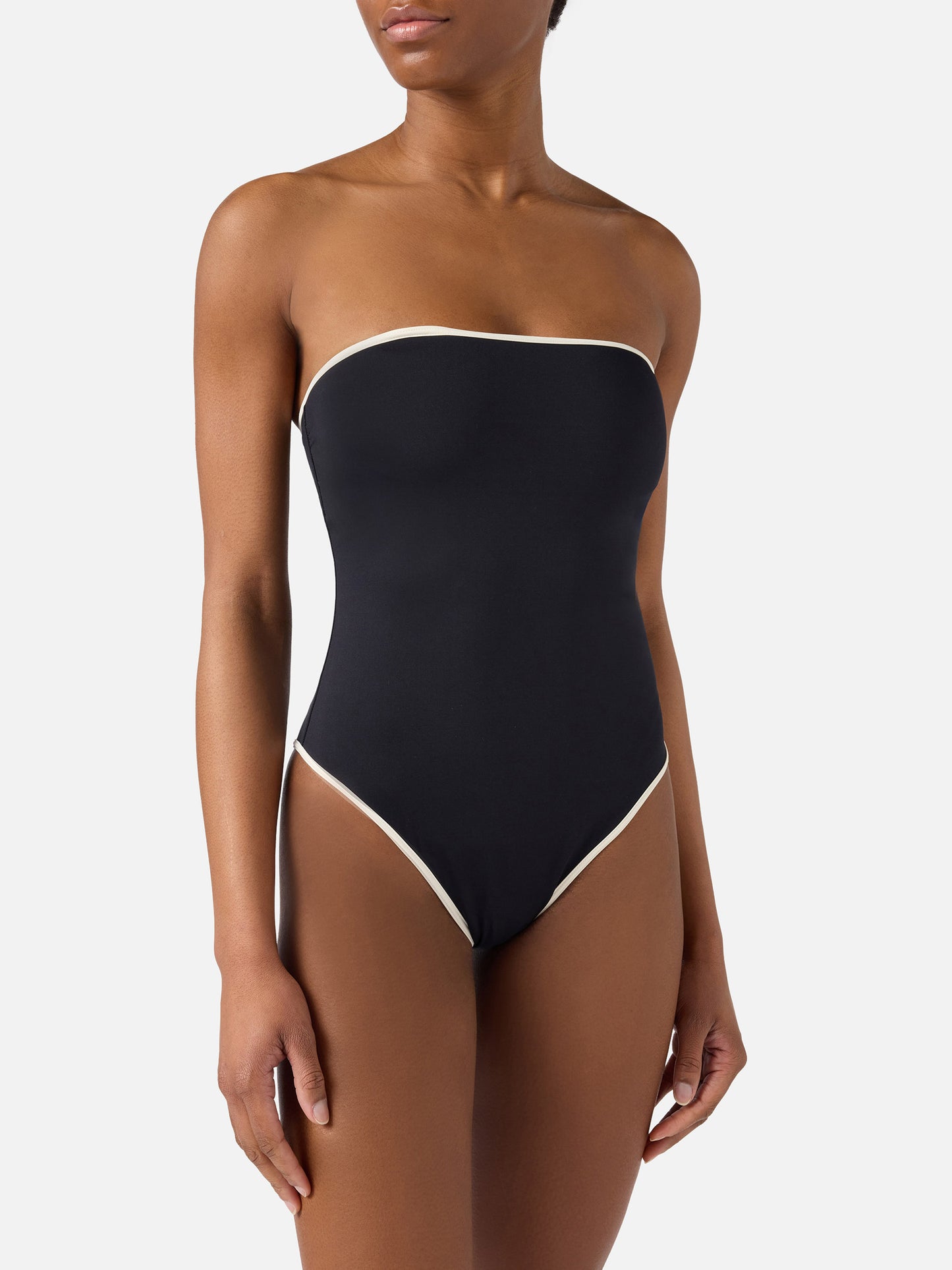 Khyra String bandeau black one-piece swimsuit with contrast details