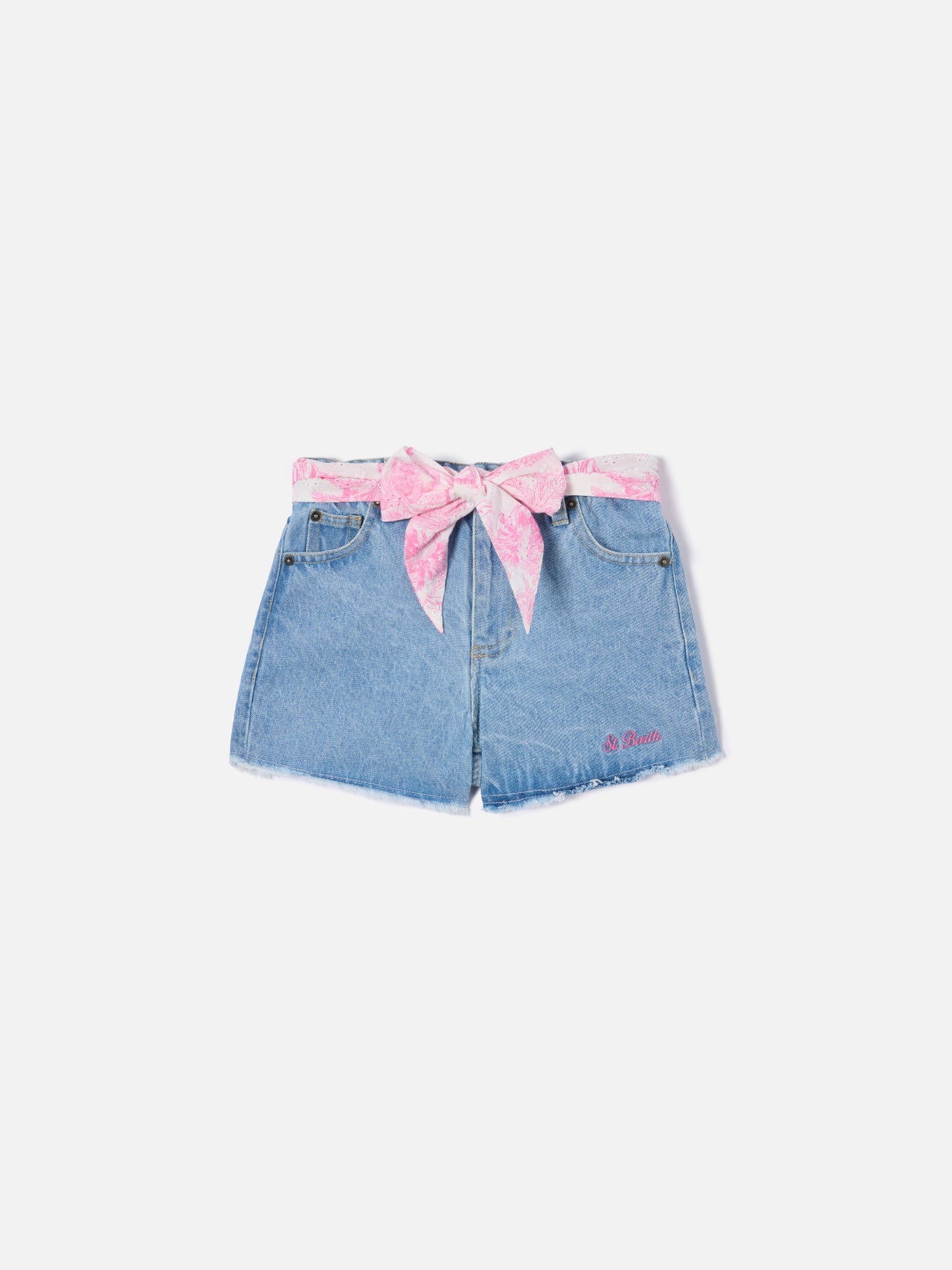 Short Kiko Jr in denim con dettagli in sangallo