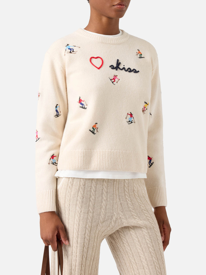 Maglia girocollo Kyla off white in lana con ricamo Skiss