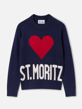 Pull col rond en maille mélange laine et cachemire Kyla Navy blue avec intarsia St. Moritz | Special edition 