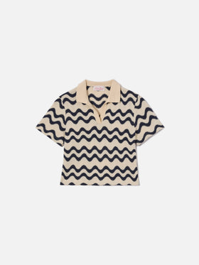 Polo Lala Jr en maille de coton mélangé à motif vagues bleu et ivoire 