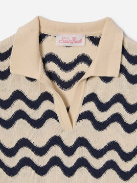 Polo Lala Jr en maille de coton mélangé à motif vagues bleu et ivoire 