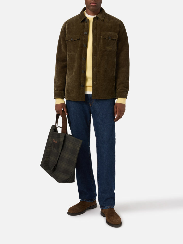 Overshirt Landeck verde militare in velluto a costine con fodera in teddy