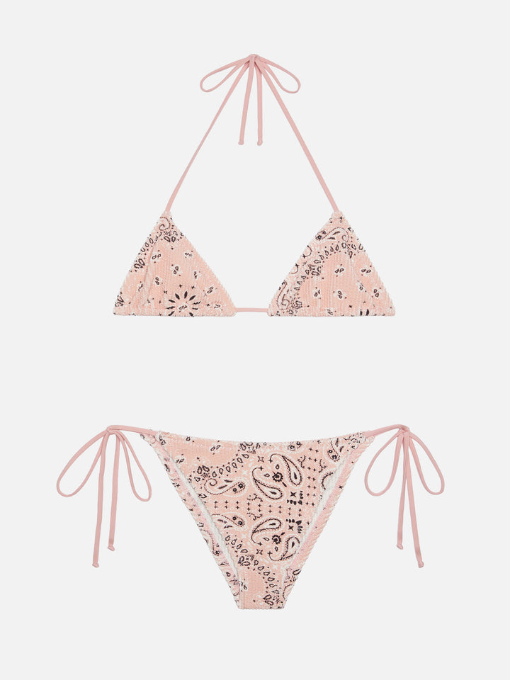 Marielle pink classic swim briefs with bandanna print - Leah pink crinckle triangle top