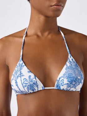Haut de bikini triangle Leah avec imprimé toile de Jouy bleu clair 