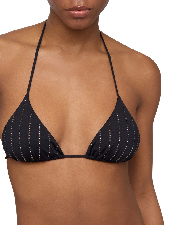 Leah top a triangolo nero con applicazioni di strass a righe