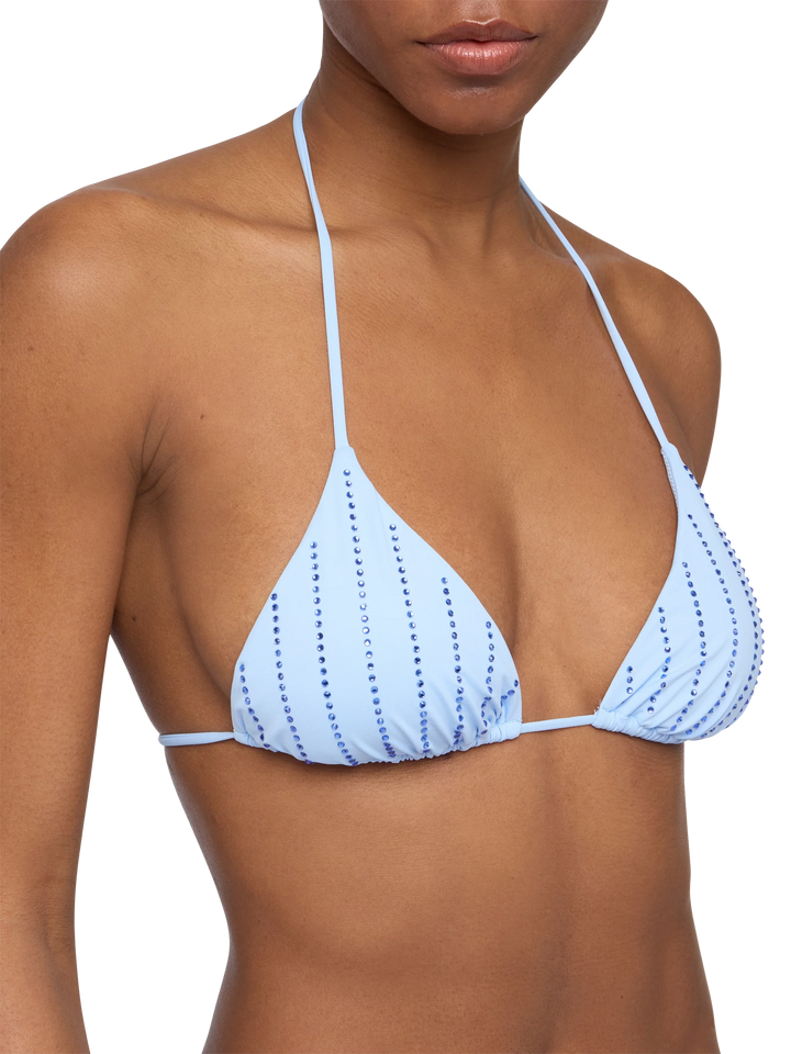 Leah top a triangolo azzurro con applicazioni di strass a righe