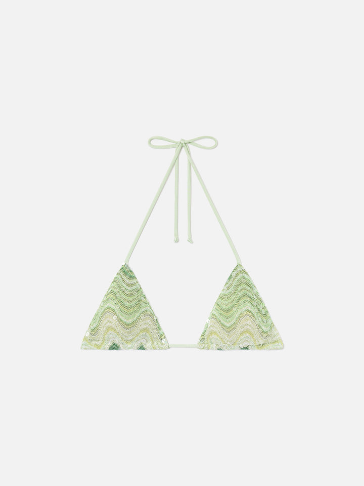 Leah triangle bikini top in green raschel fabric with sequins