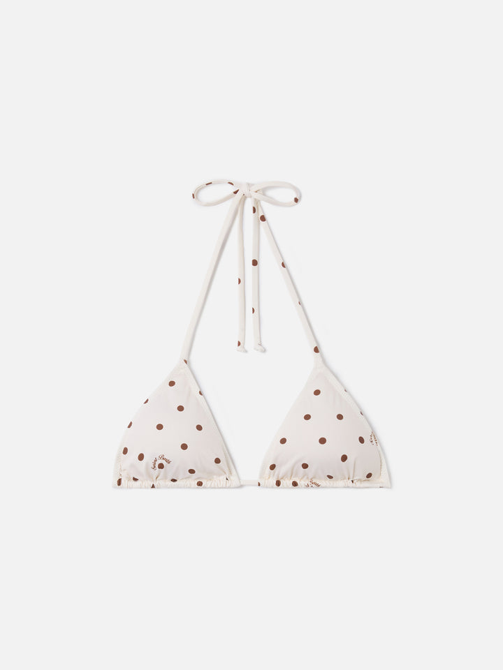 Top bikini Leah triangolo con stampa a pois beige e marrone